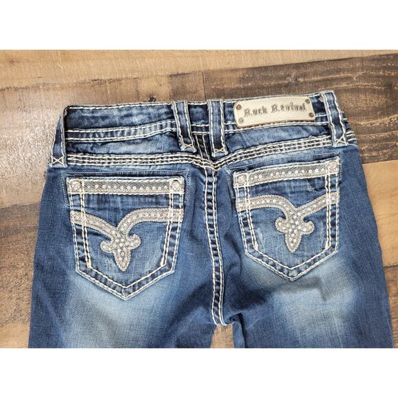 Rock Revival Sherry Boot‎ Jeans Womens 28 Dark Wash Blue Denim Sequin Rhinestone - Picture 5 of 8